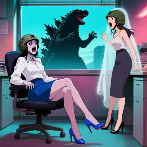 Vampire Woman in Combat Helmet Faces Godzilla Attack