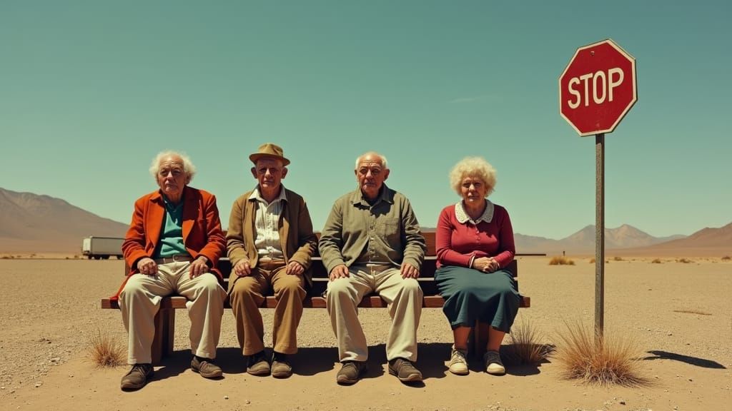 Pensioners in Surreal Desert Landscape by Yerka