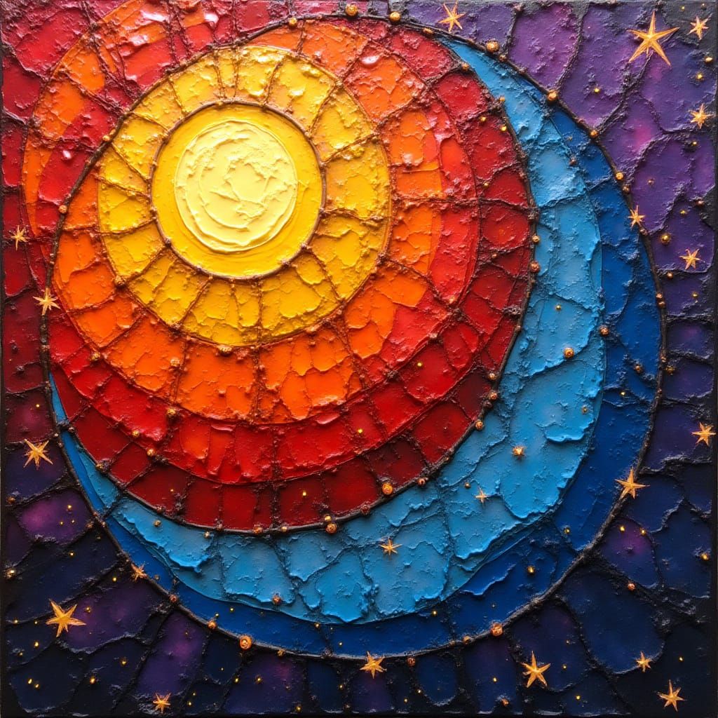 Cubist Sun and Moon Mosaic in Textured Sky