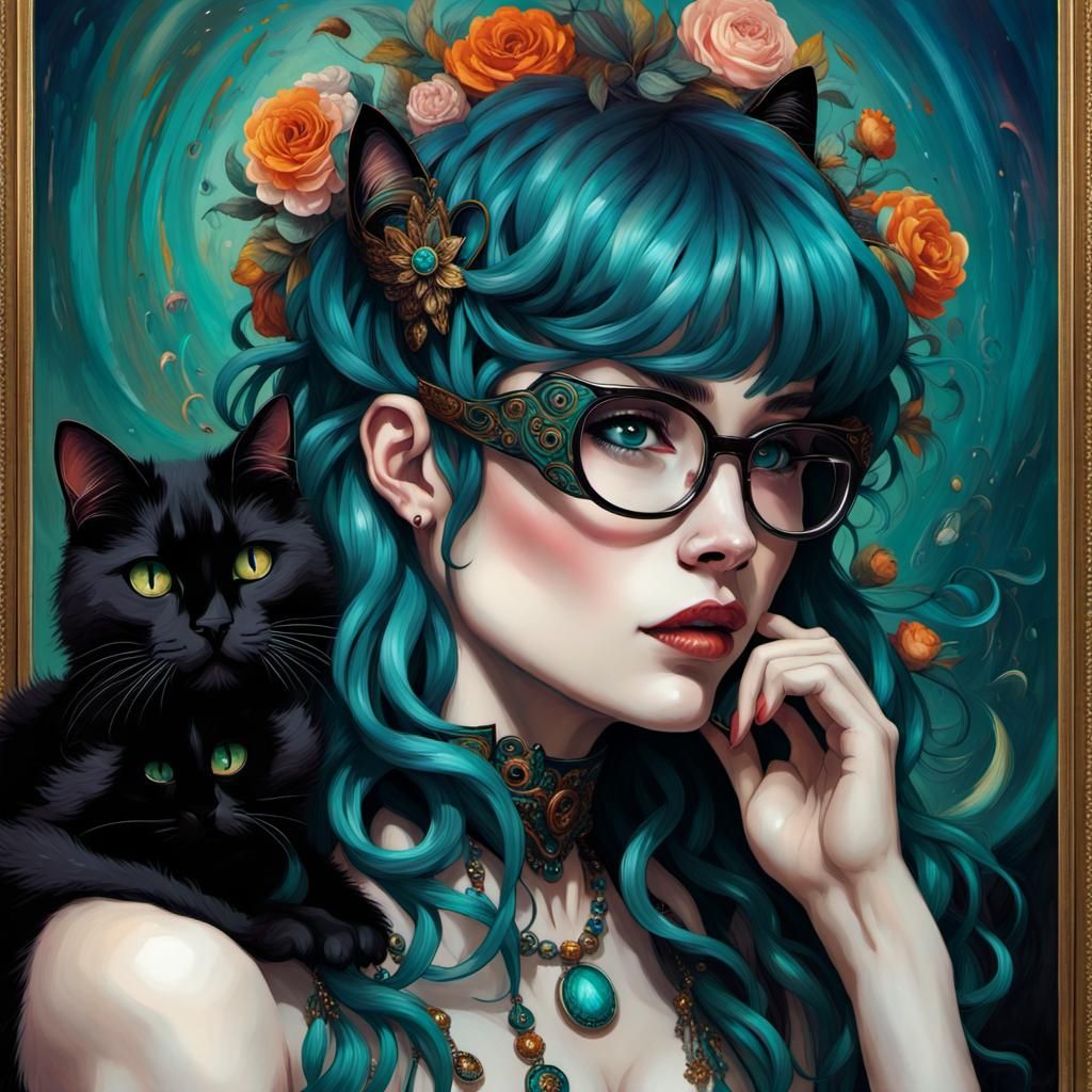 Anime Goth Girl with Cat, Maximalist Style