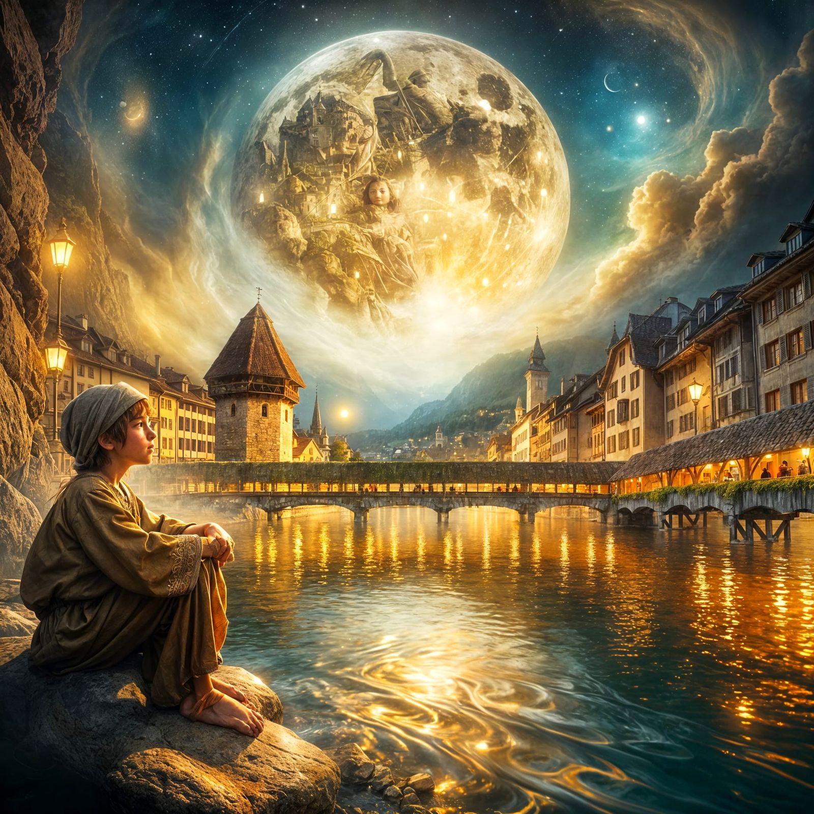 Medieval Boy Under Golden Night Sky with Radiant Full Moon
