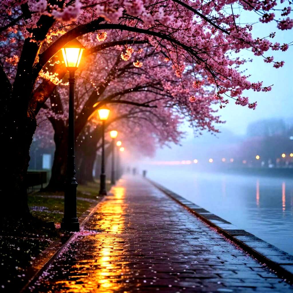 Cinematic Evening Avenue with Cherry Blossoms and Golden Lig...
