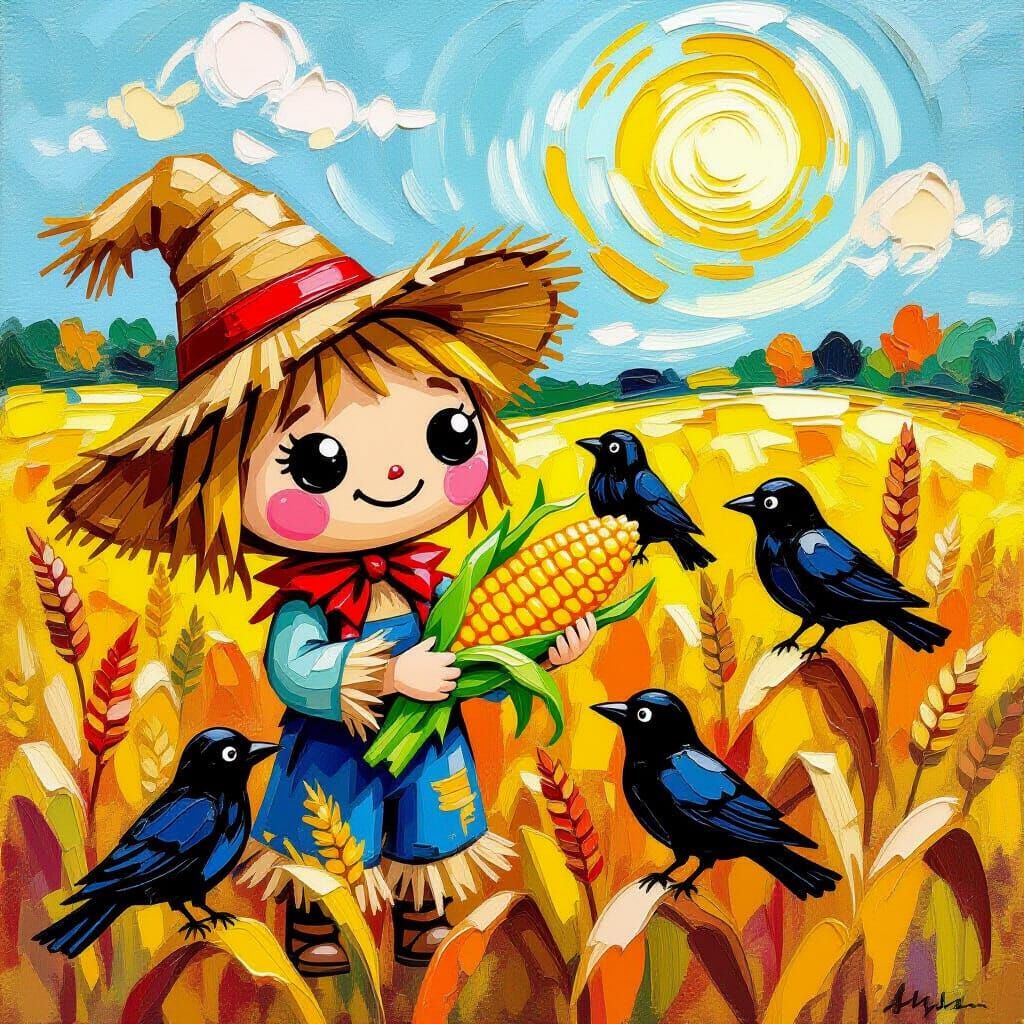 Cute Funko Pop Scarecrow with Crows in Van Gogh Style