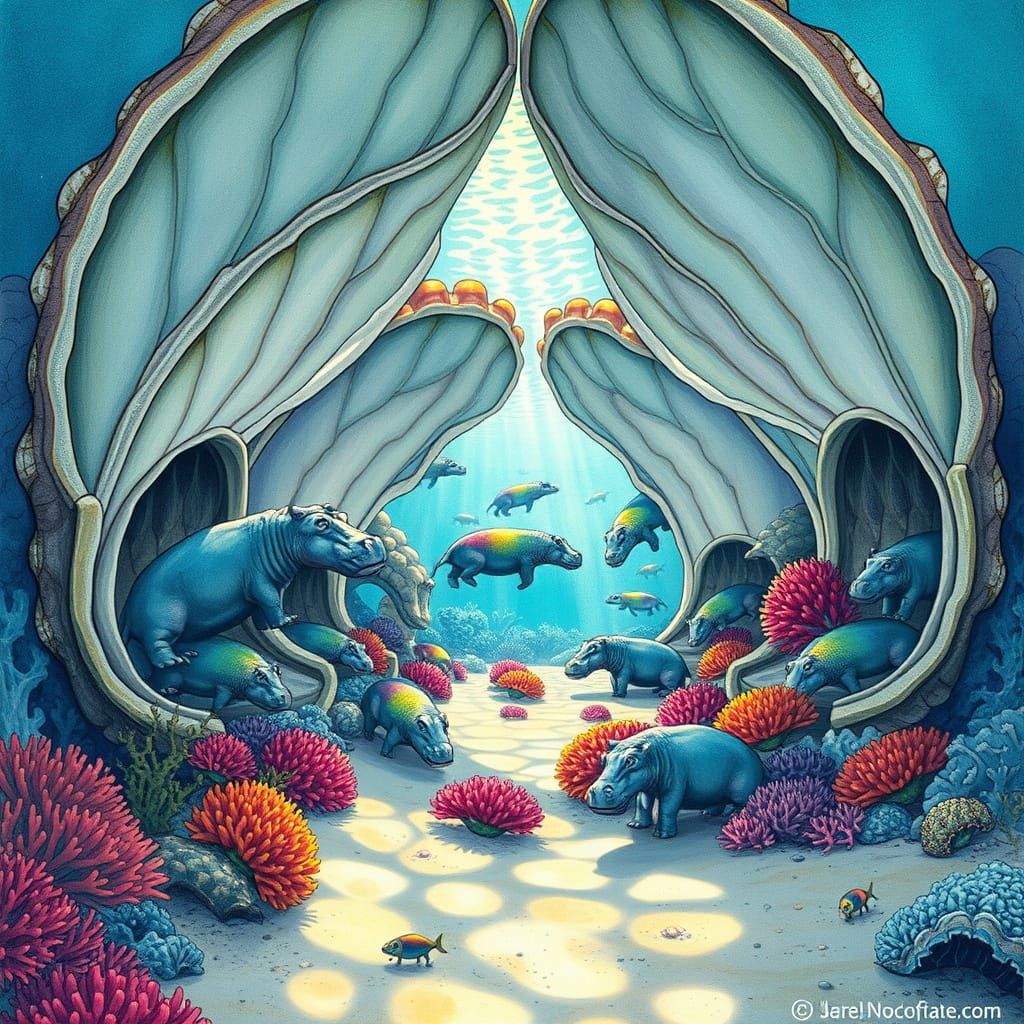 Underwater City in Seashells with Colorful Hippos