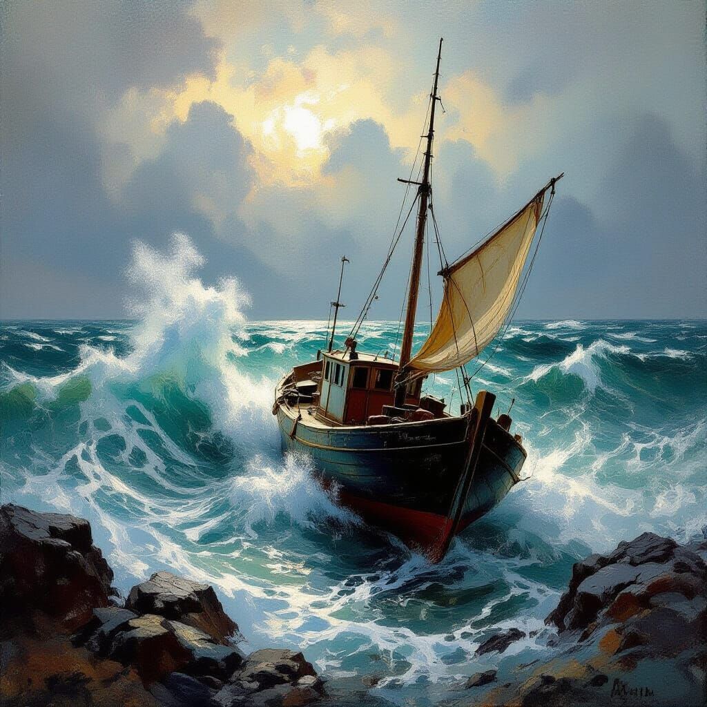 Fishing Boat in Stormy Sea, Aivazovsky Style