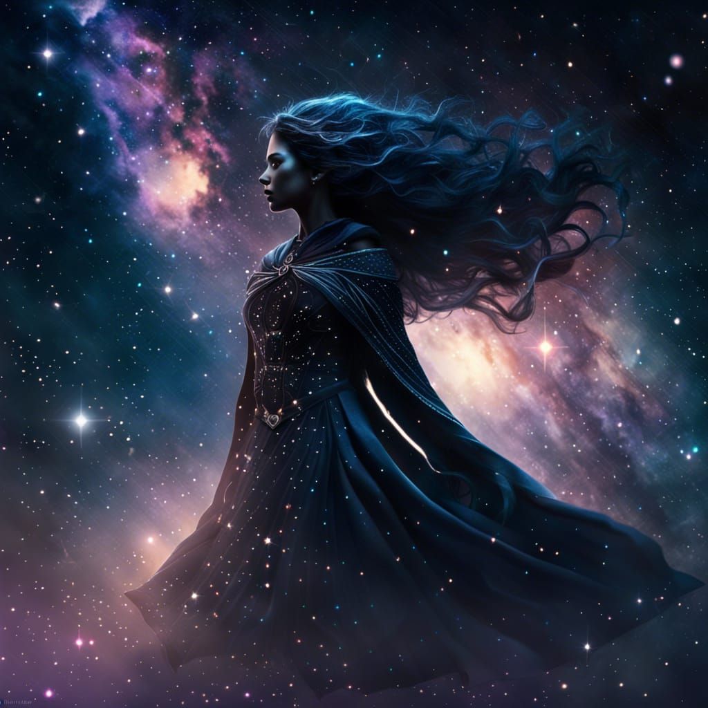 Celestial Galaxy Maiden Soaring Through Starry Skies
