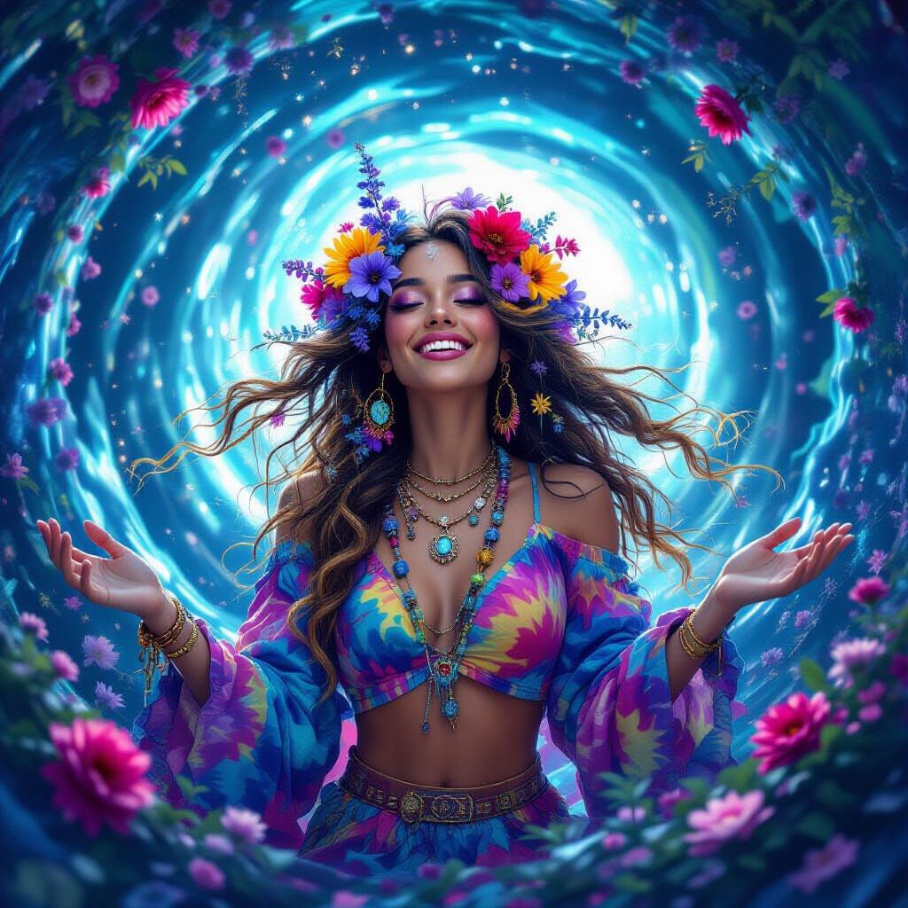 Joyful female hippie reveling madly. Bioluminescent, wormhol...