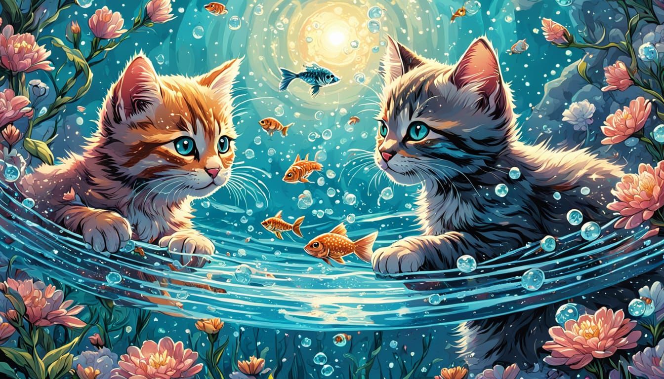 Kittens Playing with Fish in a Fantasy World