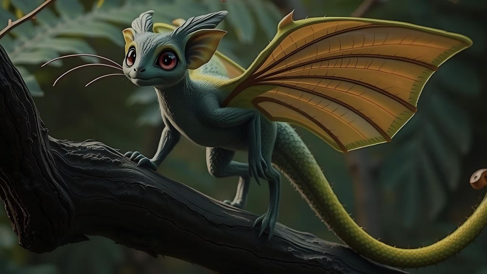 Furry Dragon Leaps from Jungle Tree at Dusk
