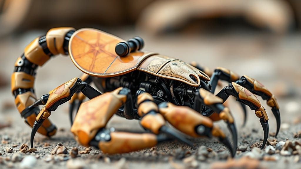Realistic Alien Scorpion Robot in Ornate Ceramic Armor
