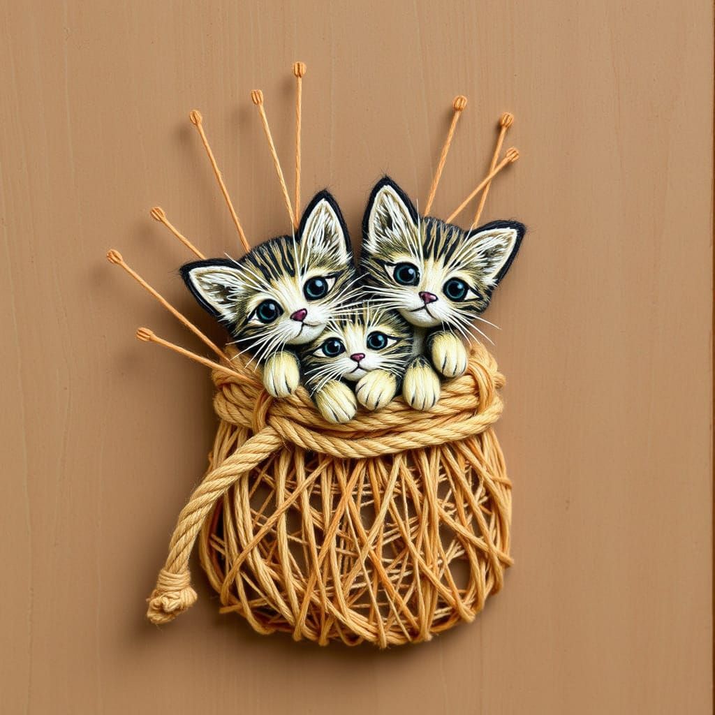 Whimsical String Art Kittens in Folk Art Style