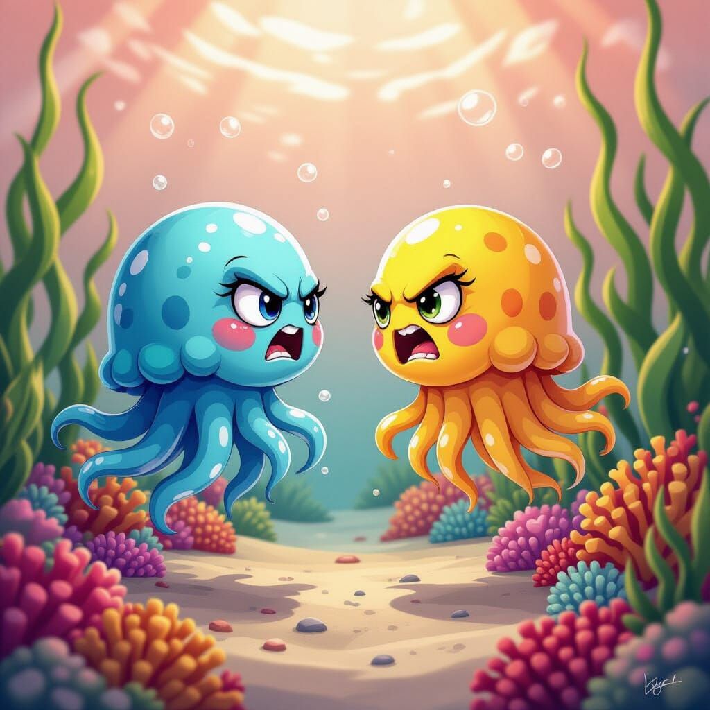 Cartoon Jellyfish Arguing in Coral Reef
