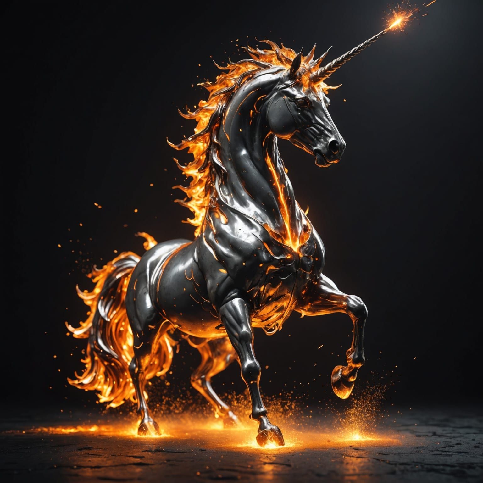 Dramatic Molten Titanium Unicorn in Fiery Light