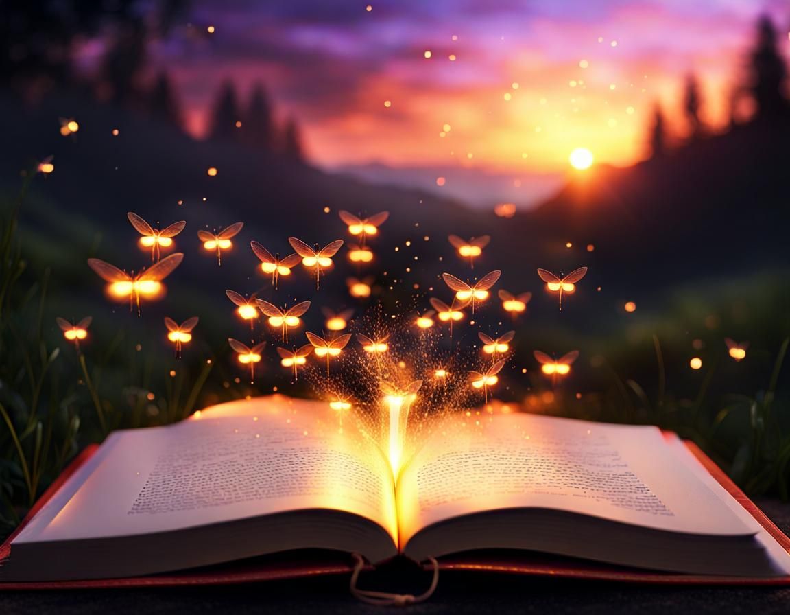 Fantasy World Emerges from Open Book at Sunset