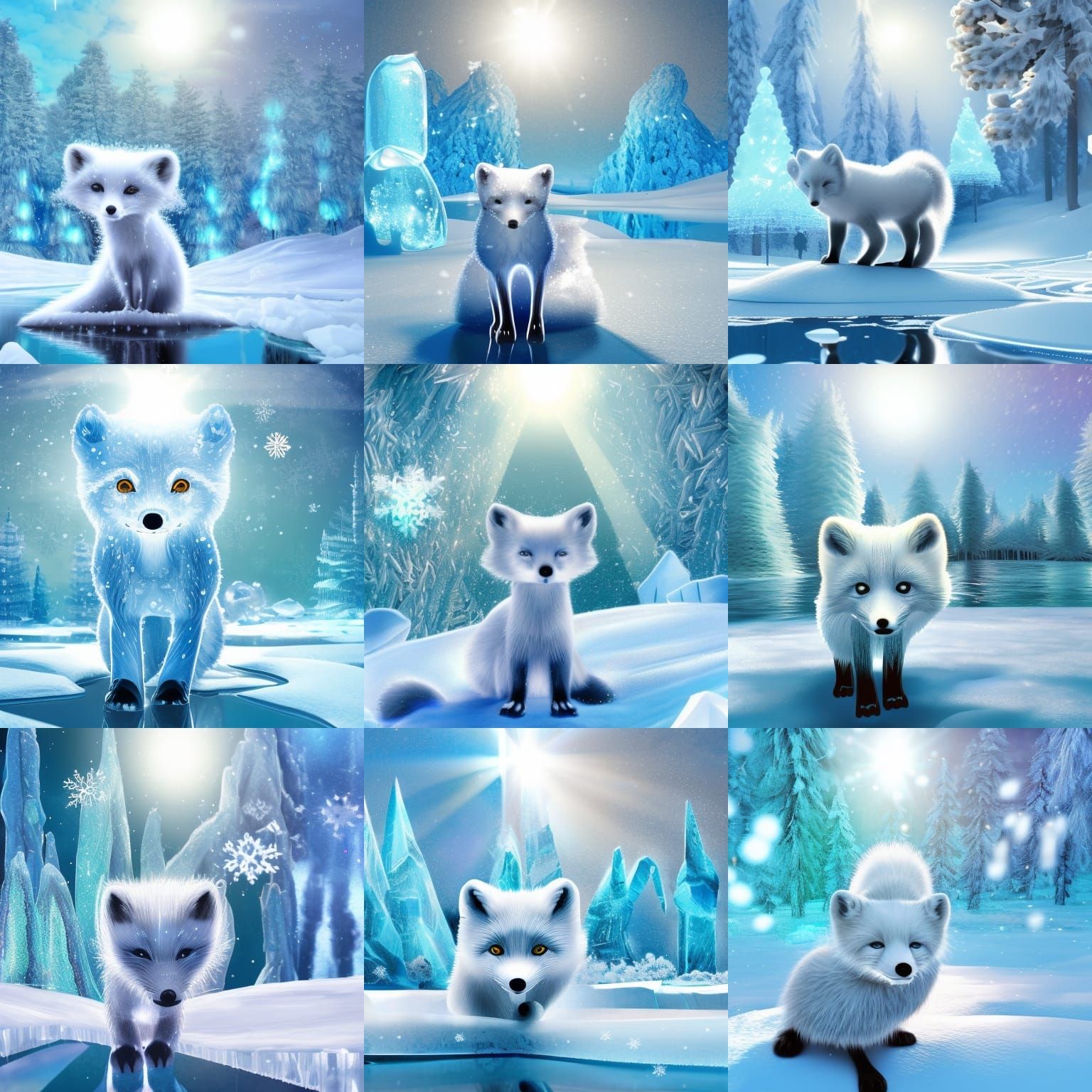 Cute Arctic Fox in Snowy Art Nouveau Landscape