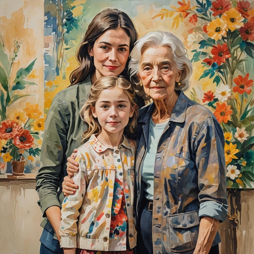 Multi-Generational Portrait in Gouache Watercolor Style