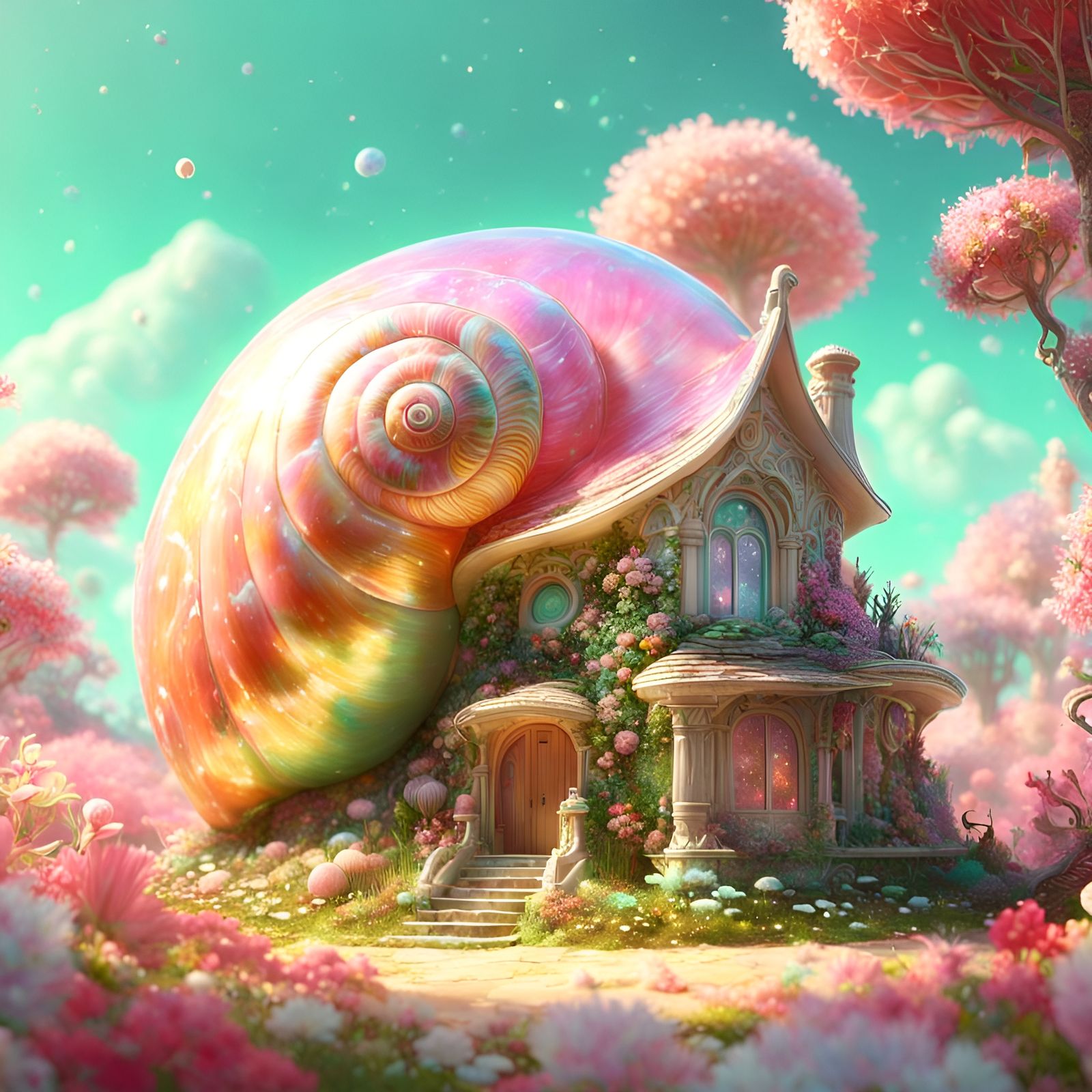 Cosmic Pastel Glass Snail House in Anime Style