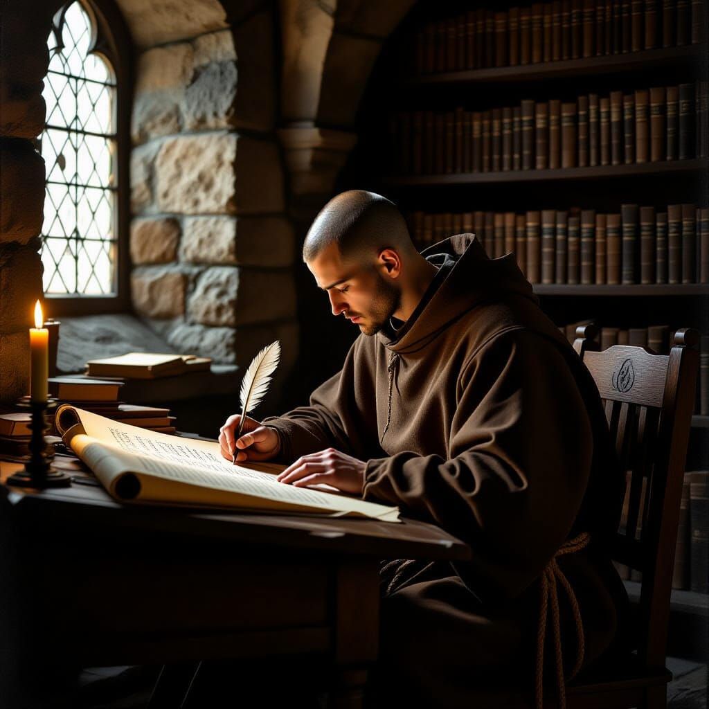 Medieval Monk Writing by Candlelight, Painterly Style