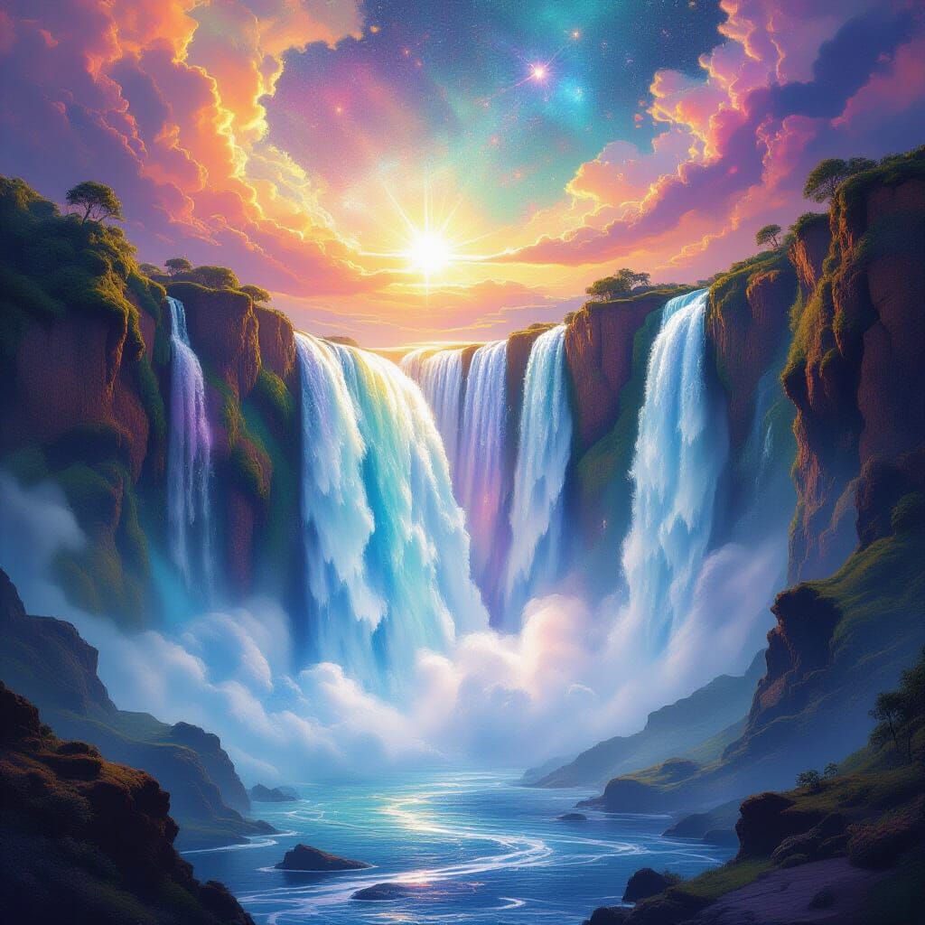 Cosmic Waterfall Between Planets in Astral Illustration