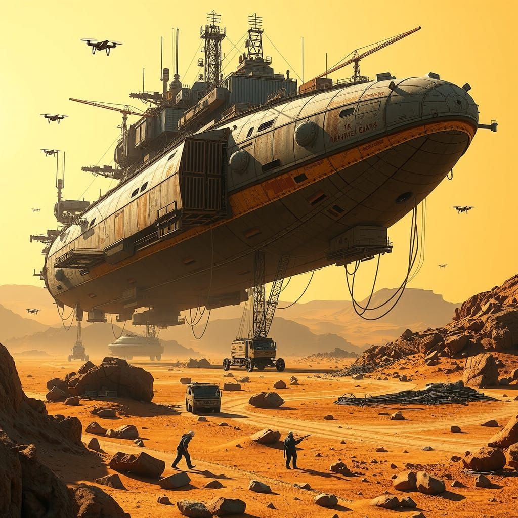 Colossal Mining Starship Levitates Above Desert Mining Site