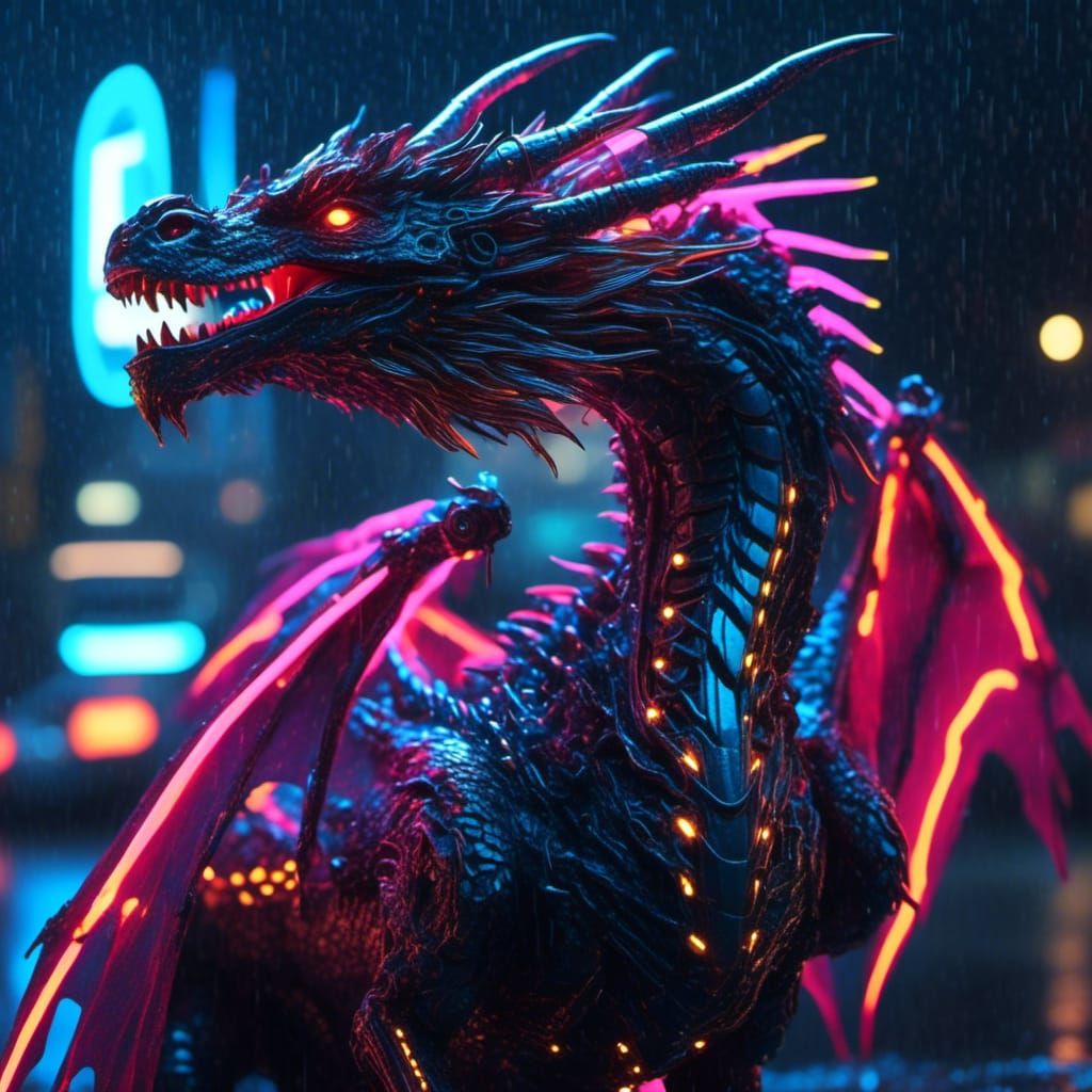 Biomechanical Dragon in Cyberpunk Neon Rain