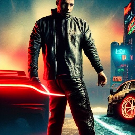 Cyberpunk Black Apple Car Street Scene