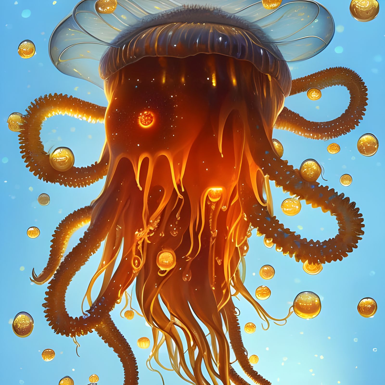 Honey Jellyfish with Glowing Amber Tentacles