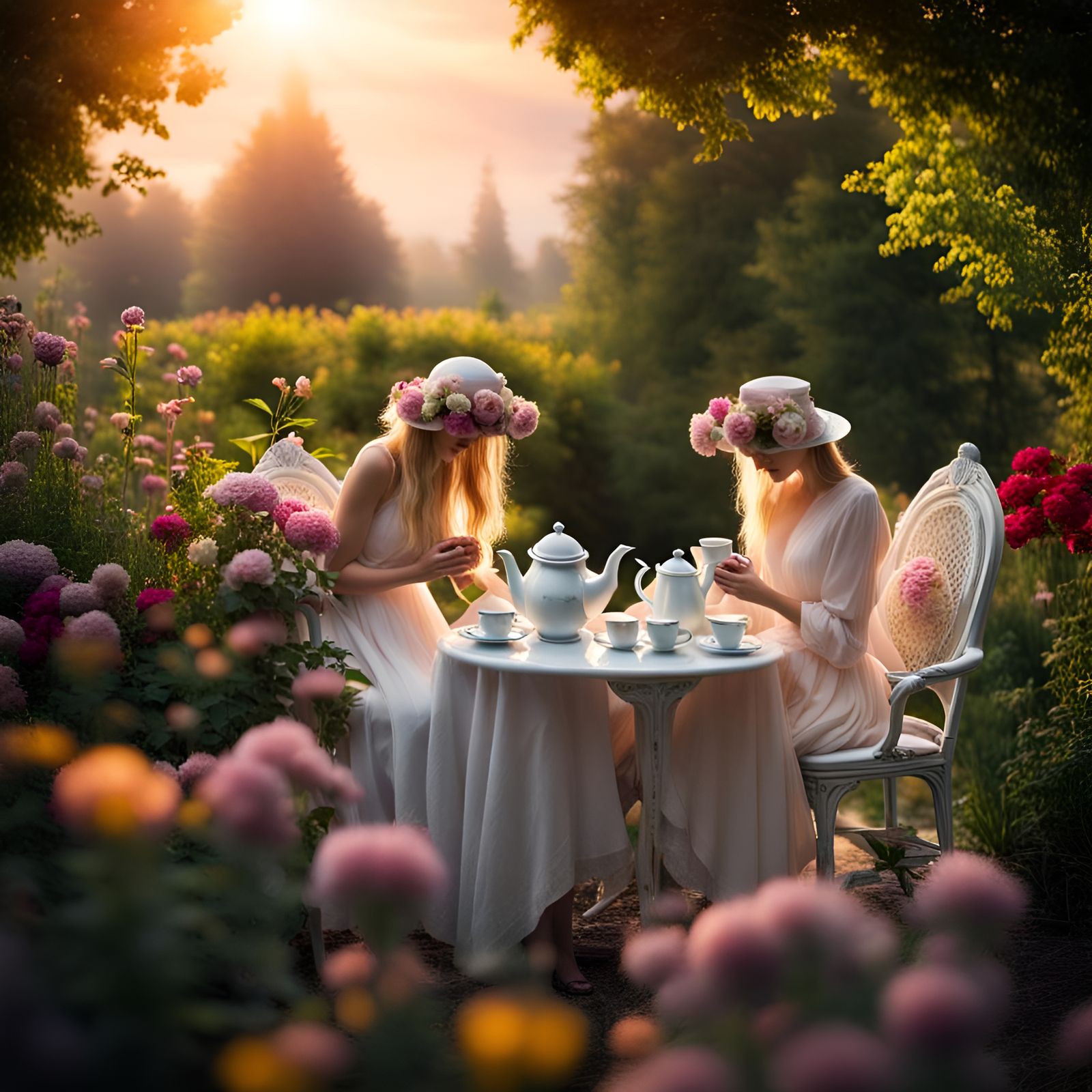 Sunrise Tea in Flower Garden with Soft Focus