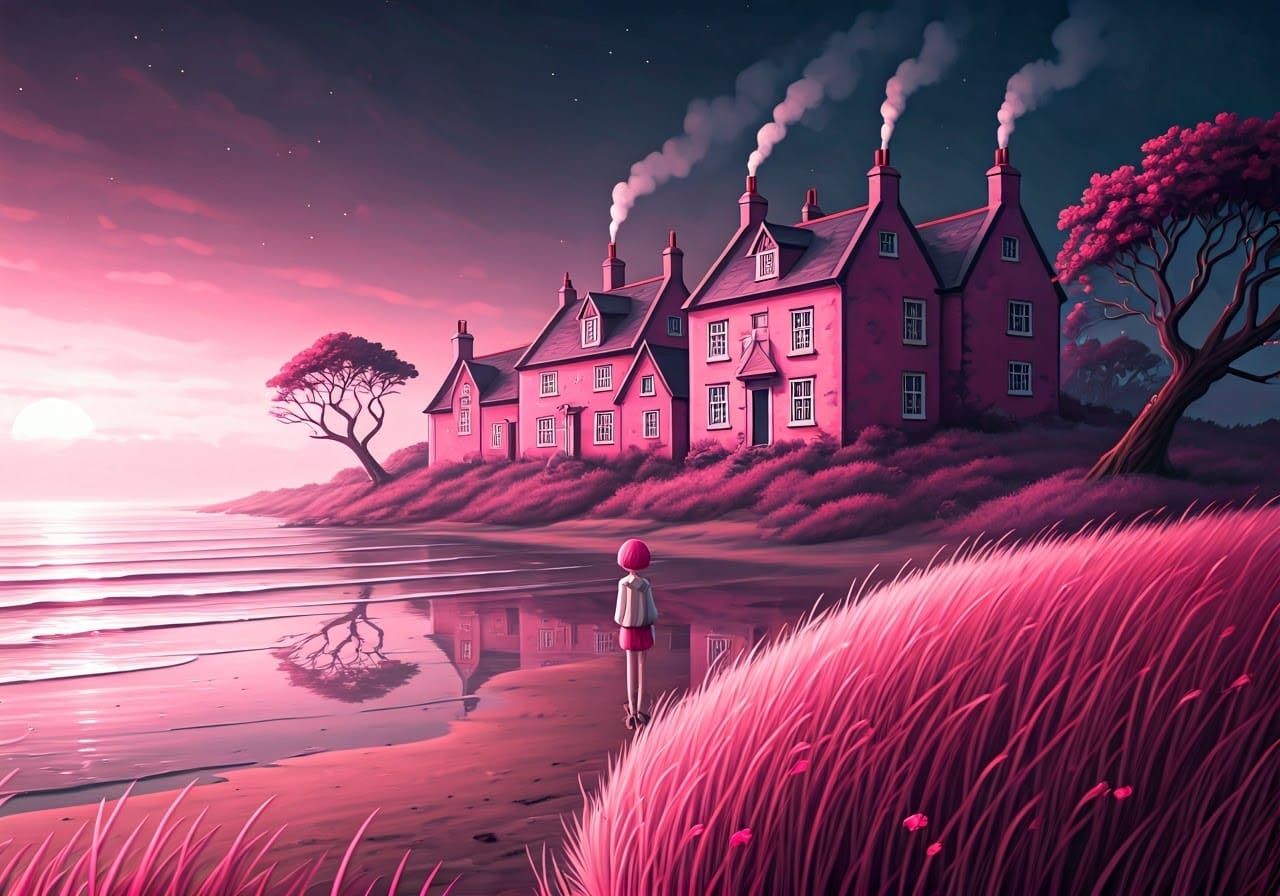 Pink Seaside Manor in Surreal Naive Style
