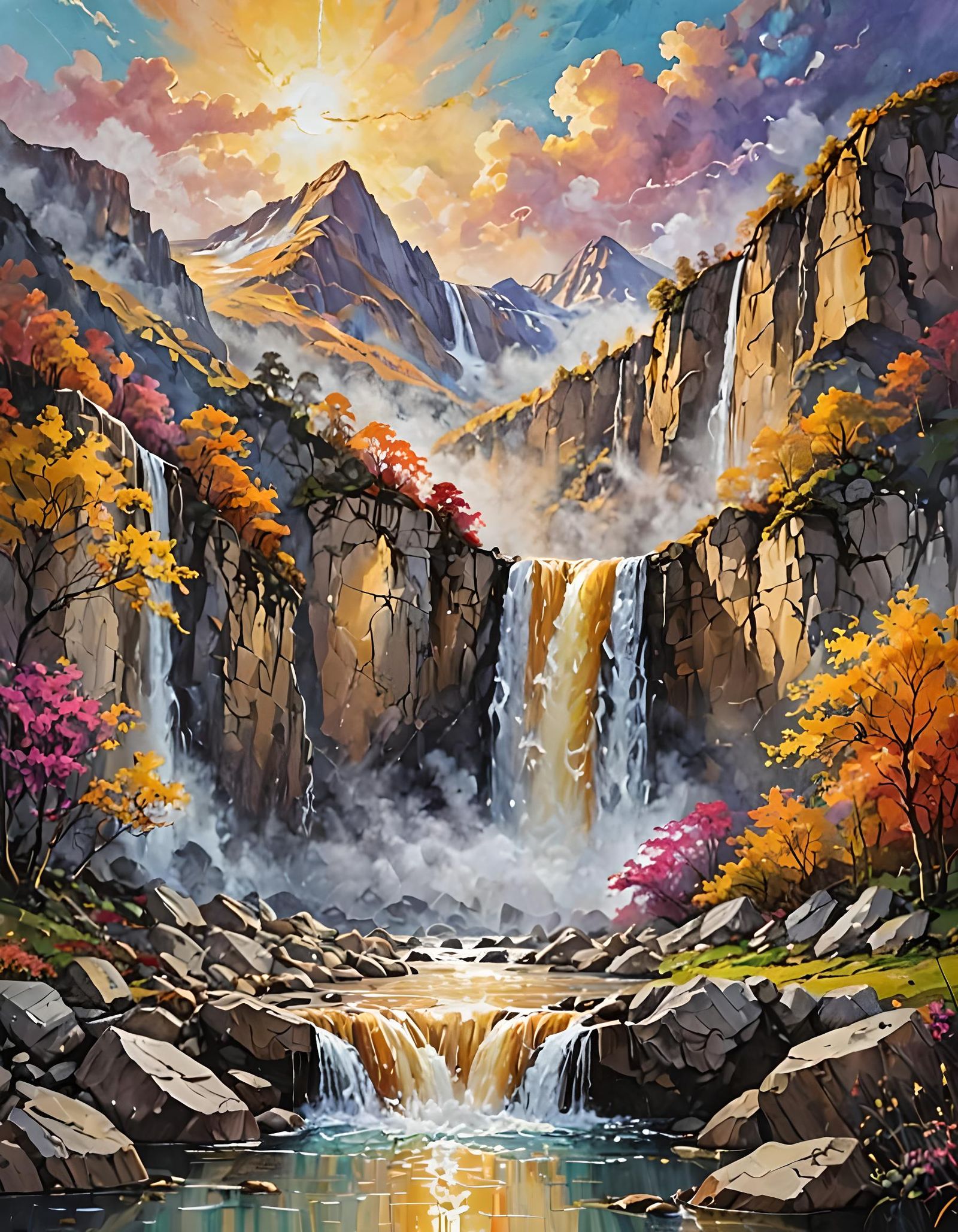 Vibrant Mountain Waterfall in a Richly Coloured Landscape Pa...