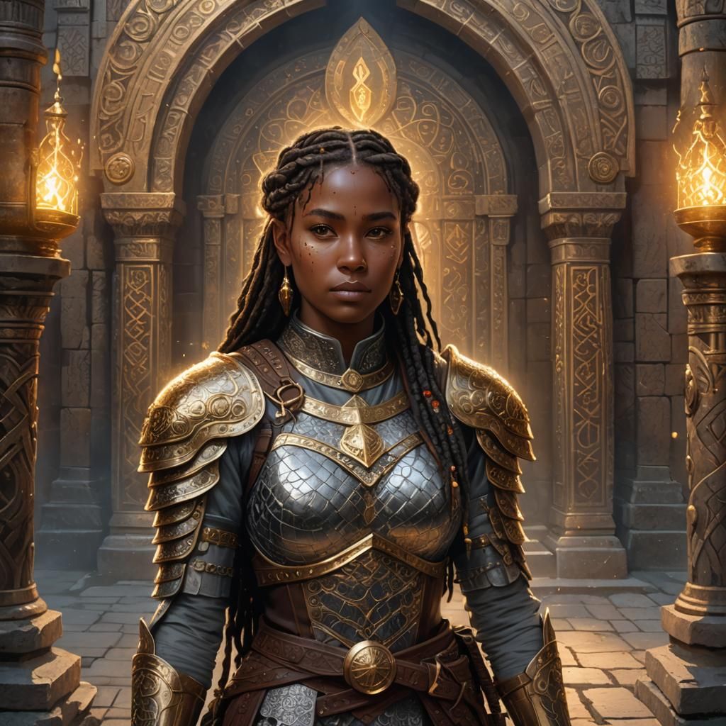 Majestic Female Cleric Guarding Ancient Temple