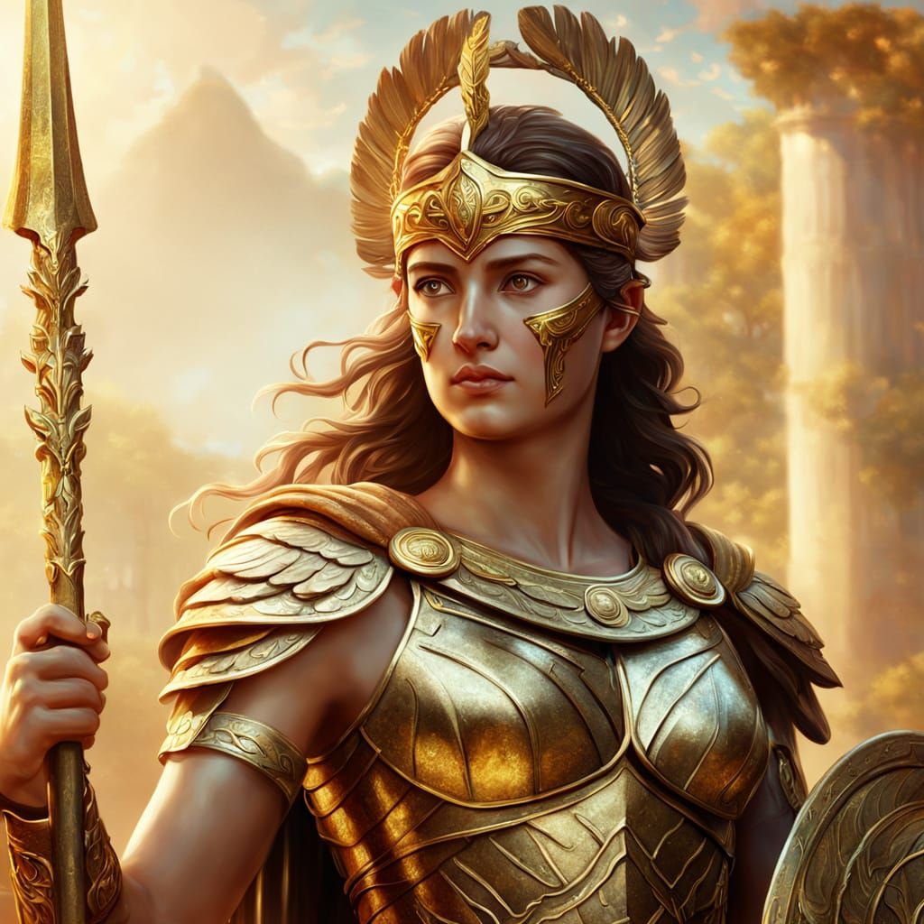 Athena in Golden Light: Mythological Oil Painting