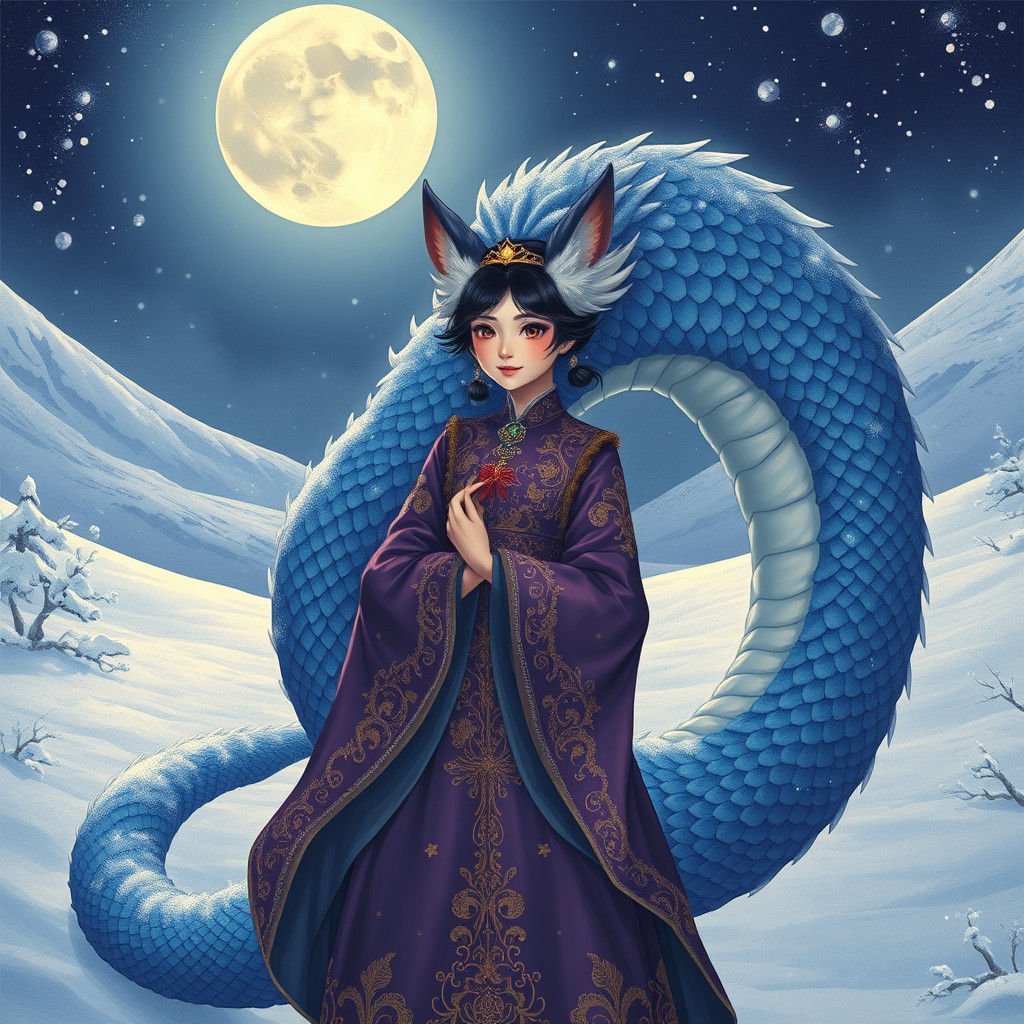 Fox-Eared Woman and Dragon in Winter Landscape