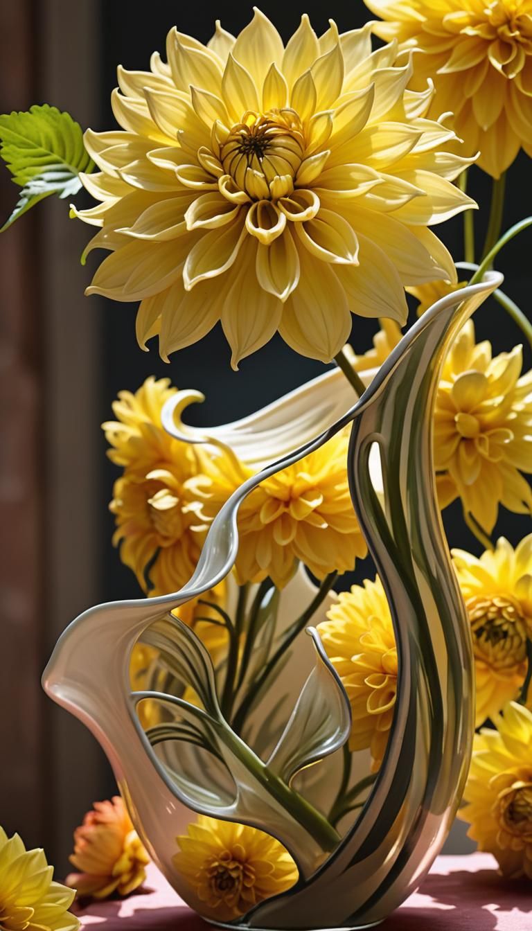 Intricate Vase with Bright Yellow Dahlia