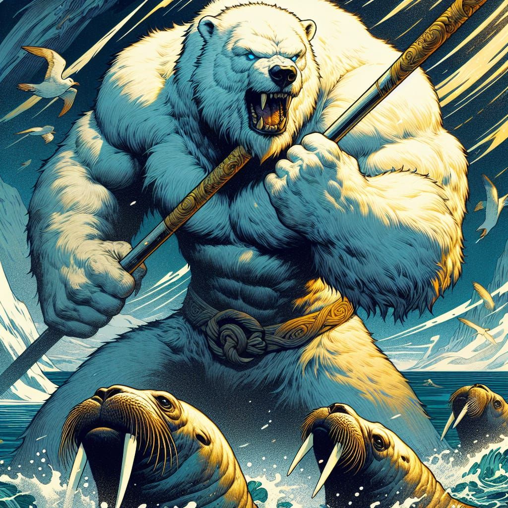 Polar Bear Warrior in Ocean Battle, Ukiyo-e Style