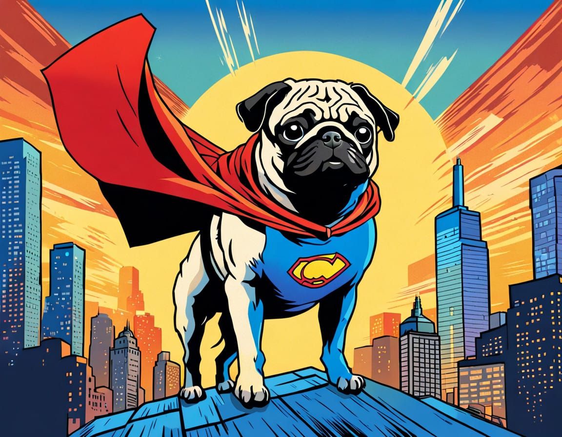 Pug Hero in Dynamic Comic Book Pose