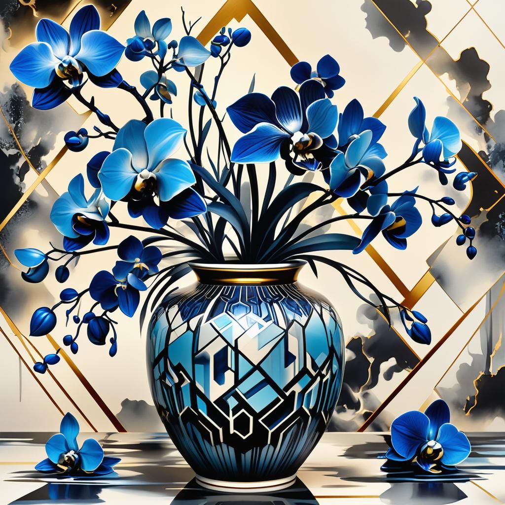 Black and Blue Orchids in Fractal Retropunk Style