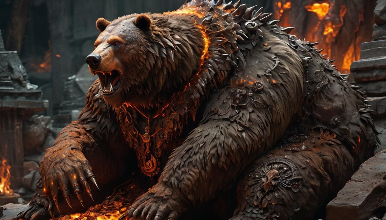 "Kodiak bear armoured in spiked rust, seated upon grand war ...