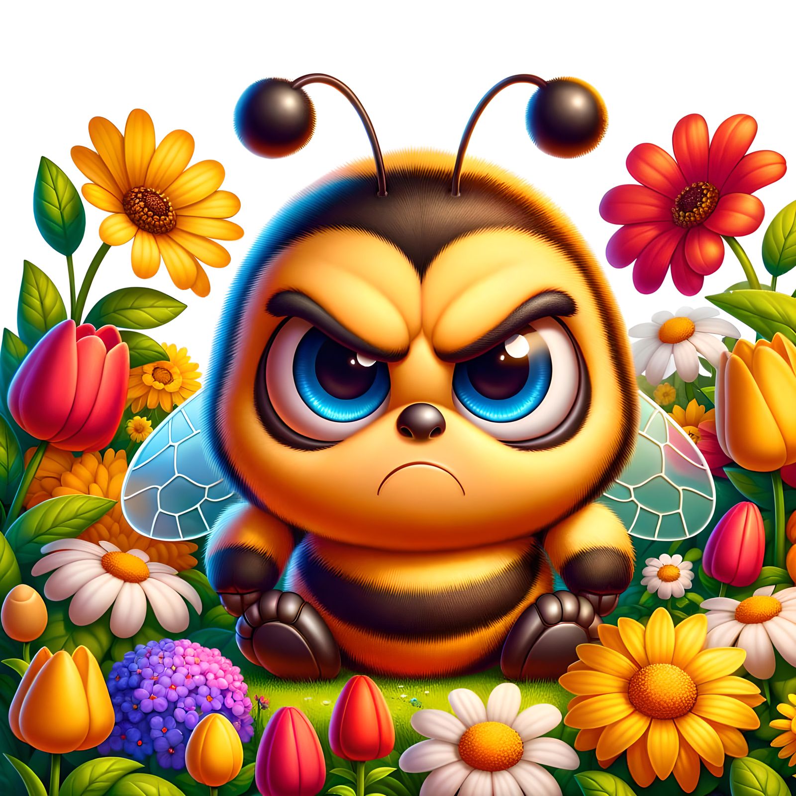 Grumpy Bumblebee Cartoon in a Flower Garden