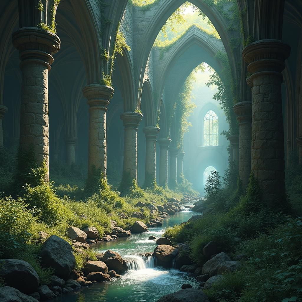 Mystical Cathedral Reclaimed by Nature in Matte Painting Sty...