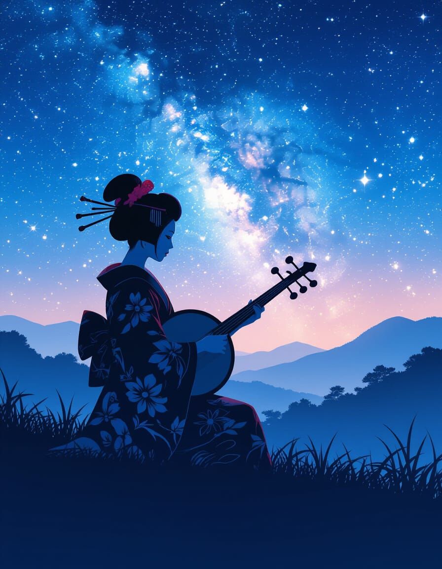 Geisha's Silhouette Under Starry Sky