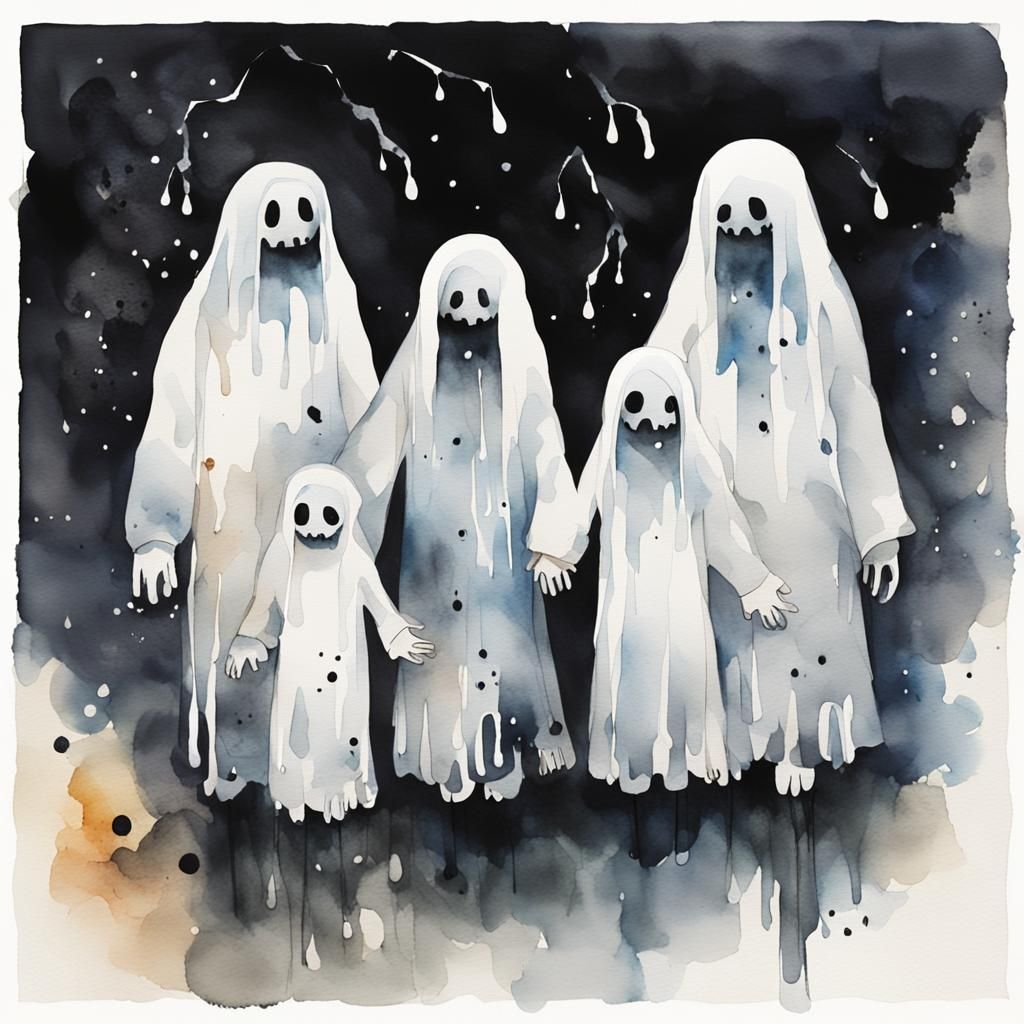 Watercolor Ghost Children in Darkness