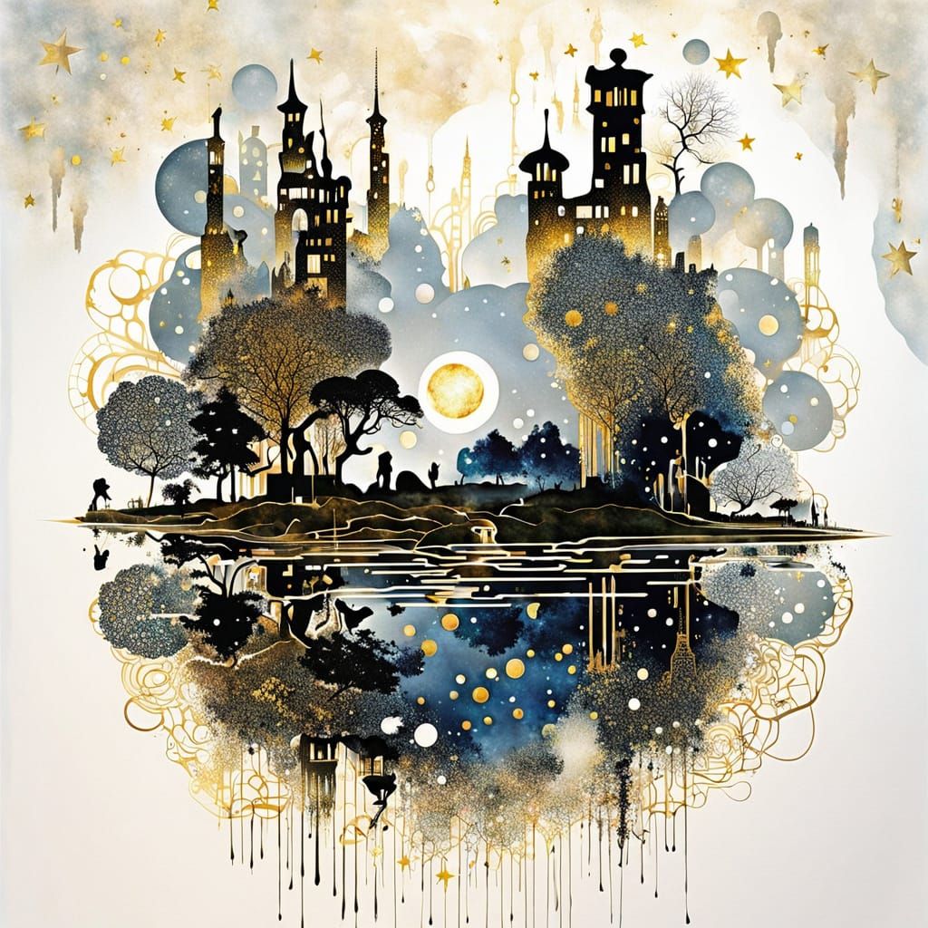 By Gustave Klimt and Tamara Lempika:: Double exposure, dual exposure!! Front view :: The beautiful galaxy dripping into ...