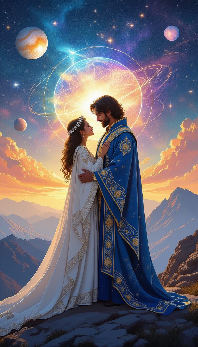 Celestial Embrace: Galactic Robes on Mount Olympus