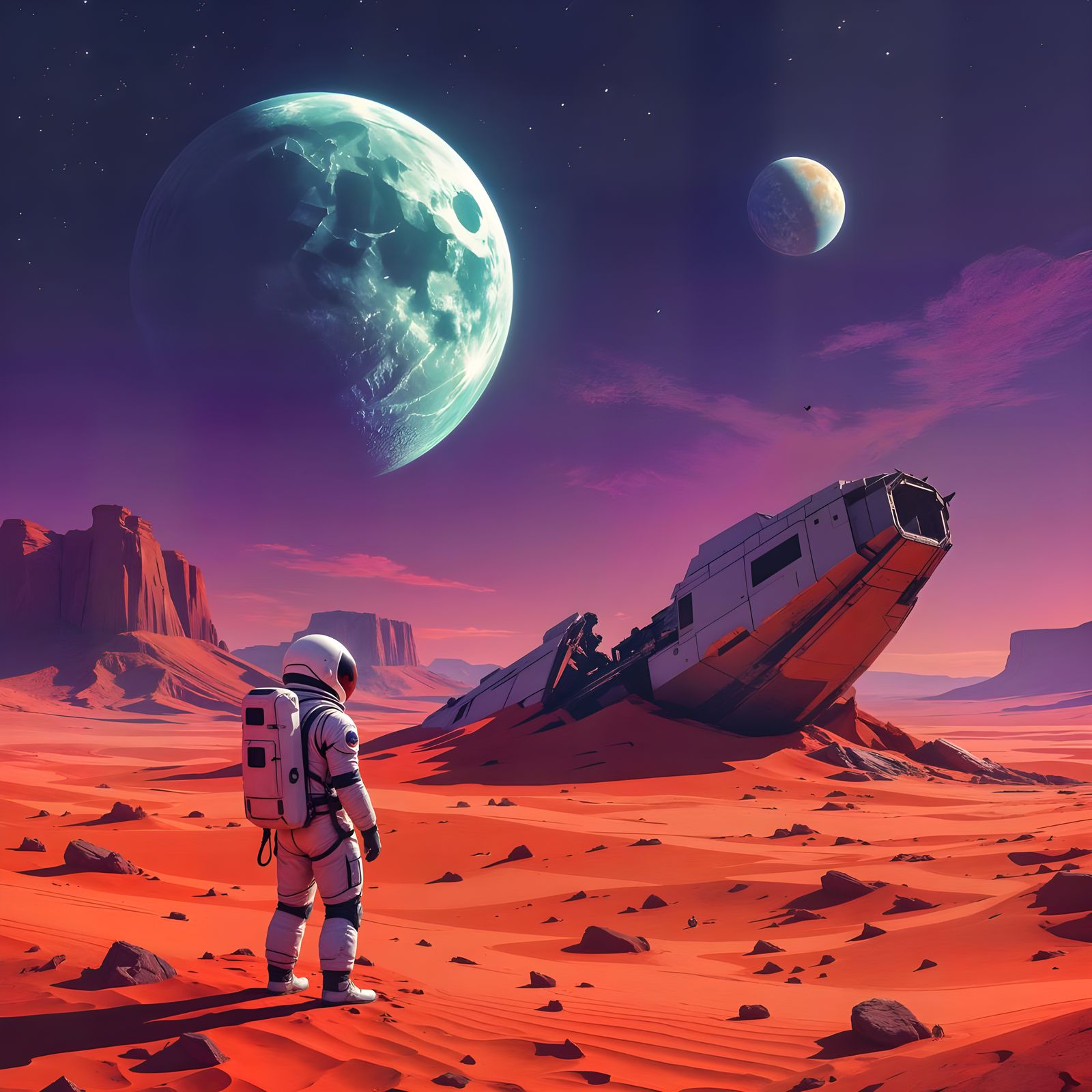 Astronaut Gazes at Shattered Spaceship on Crimson Desert Pla...