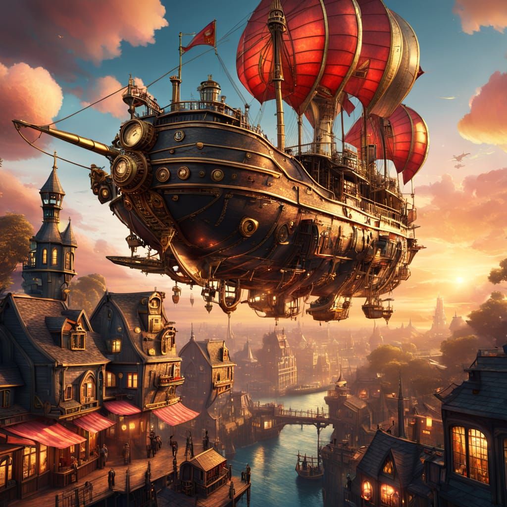 Steampunk Airship Over Small Town at Sunset