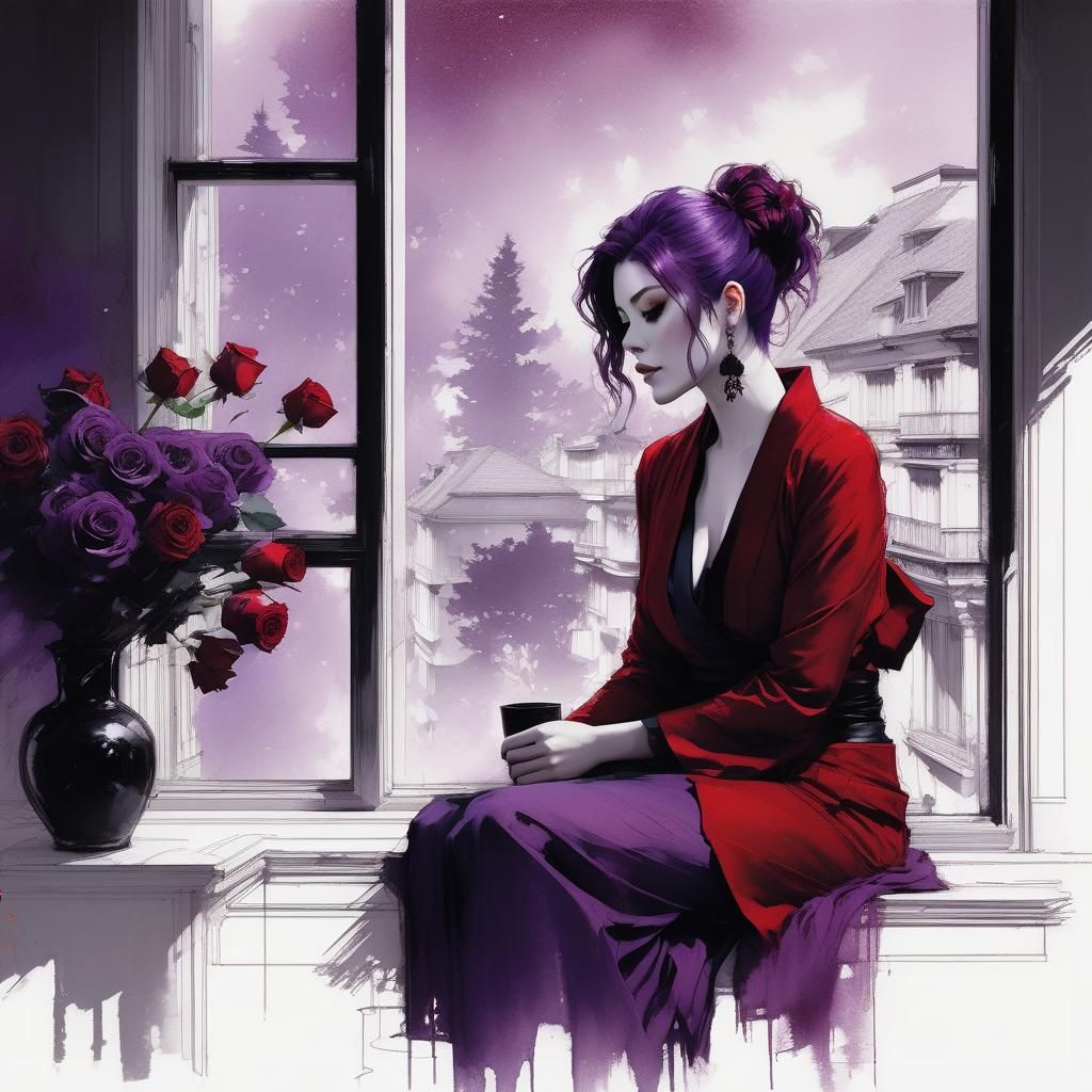 Beautiful Woman with Rose, Watercolor Pencil Sketch