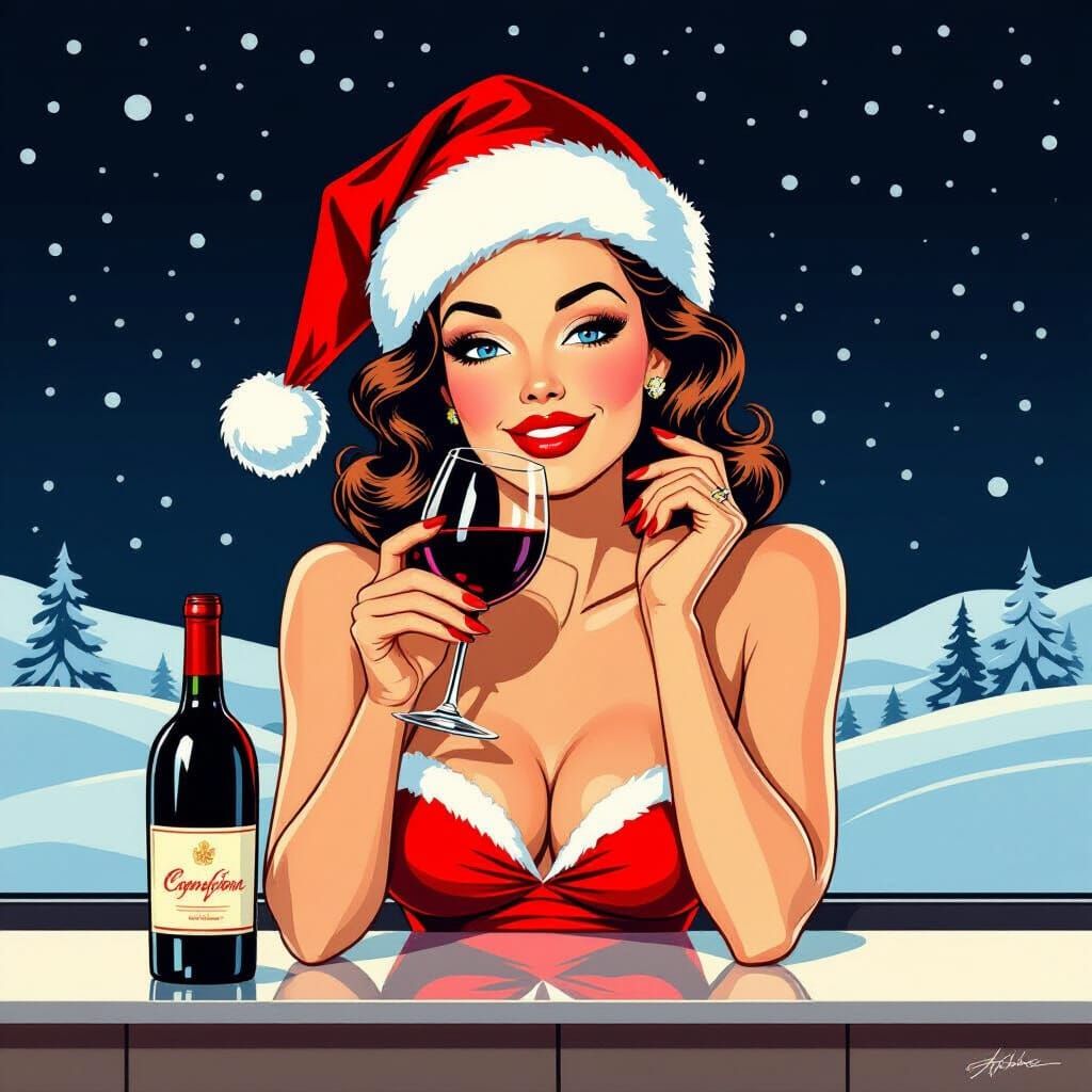Retro Pin-Up Woman Enjoys Wine in Snowy Scene Pop Art Style