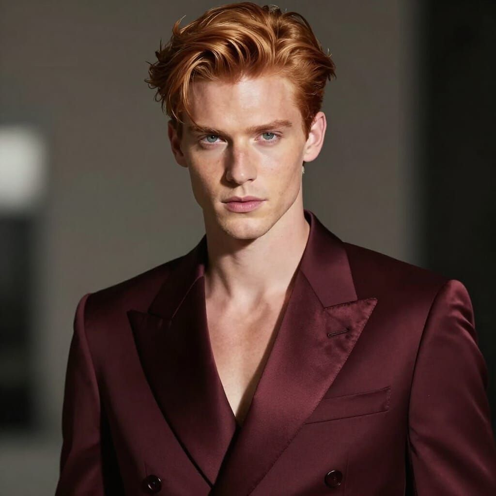 Elegant Man in Burgundy Silk Suit Photorealistic Portrait