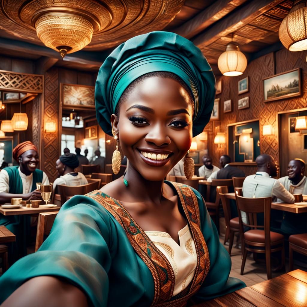 Nigerian Woman's Selfie in Cosy Restaurant